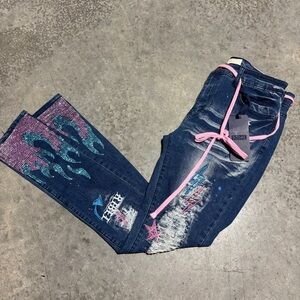 Men R3BEL Always Lit Denim Jeans 34/32 Rhinestone Flame Y2K Skater Grunge NWT